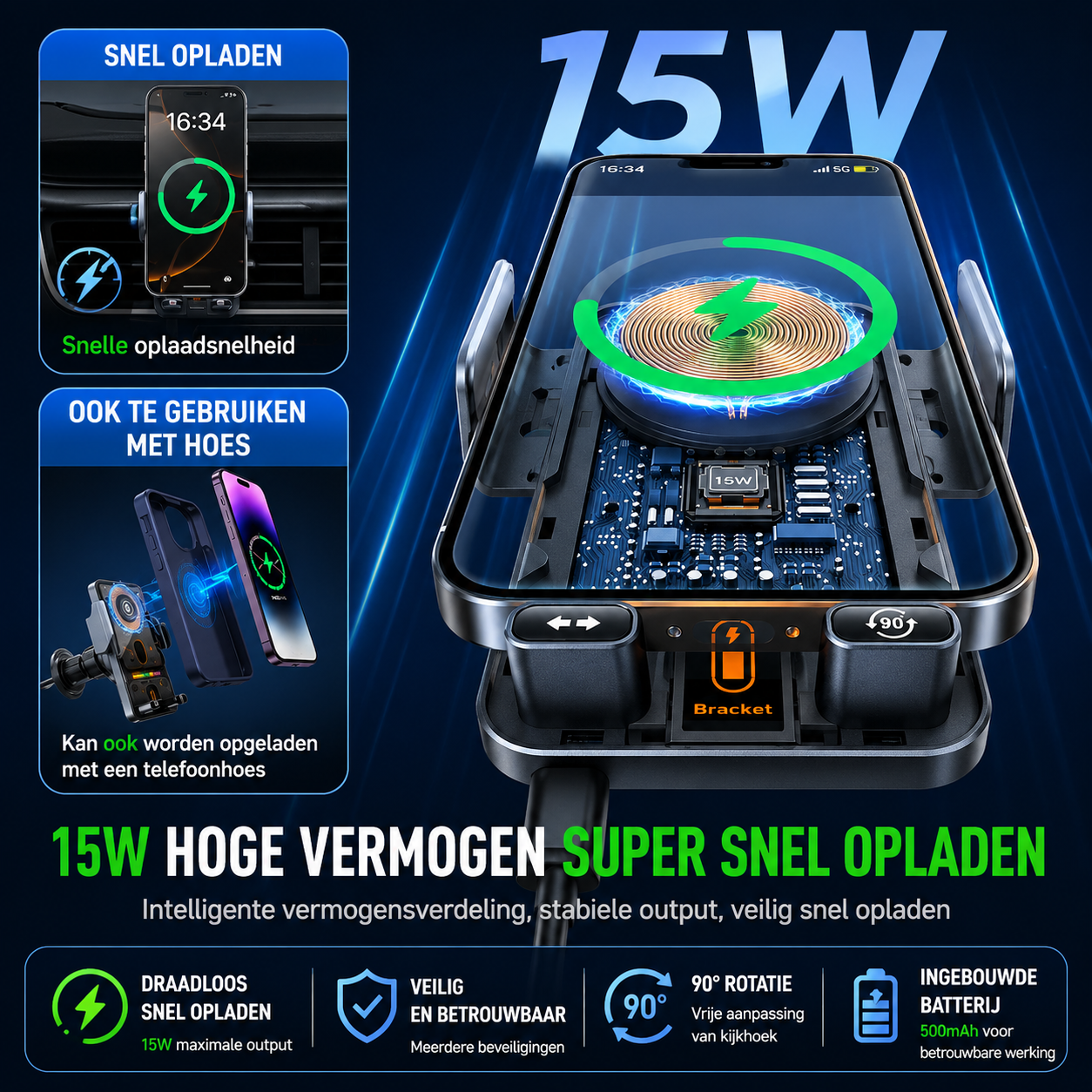 DriveCharge | Draadloze Auto Telefoonhouder met Snelladen en Sensor
