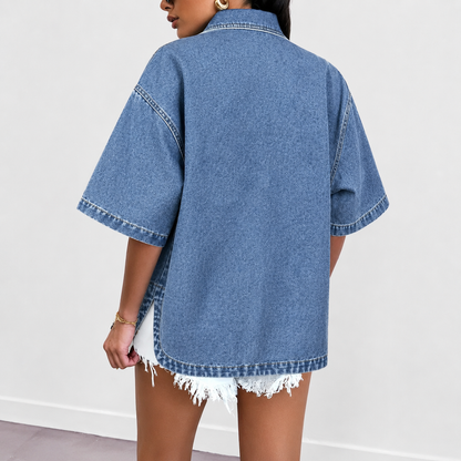 Livia Denim | Luchtige Denim Overshirt Met Korte Mouwen