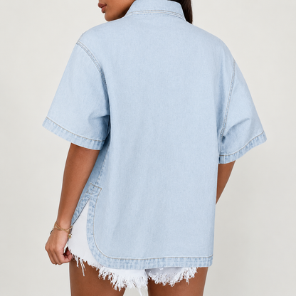 Livia Denim | Luchtige Denim Overshirt Met Korte Mouwen