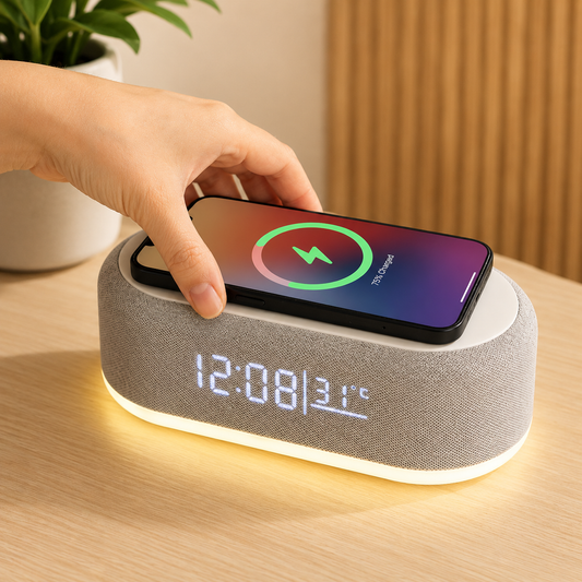 LumiCharge Pro | 6-in-1 Draadloos Laadstation met Klok, Speaker & Nachtlamp