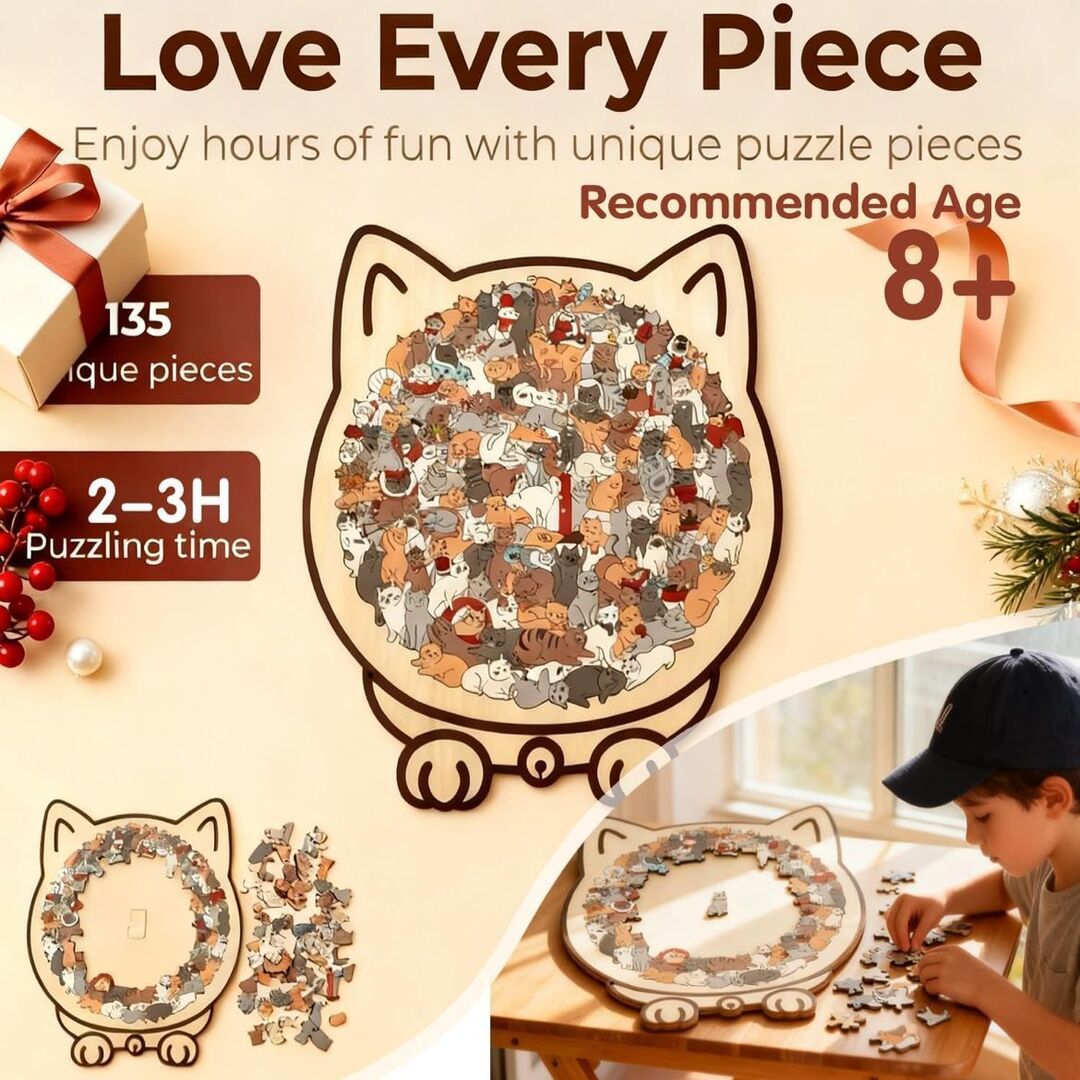 CatPuzzle | 135-Delige Houten Kattenpuzzel voor een ontspannende uitdaging
