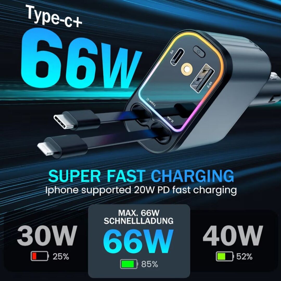 ChargeHub | Verstelbare 66W Autolader met Kabelbeheer & Starlight Glow