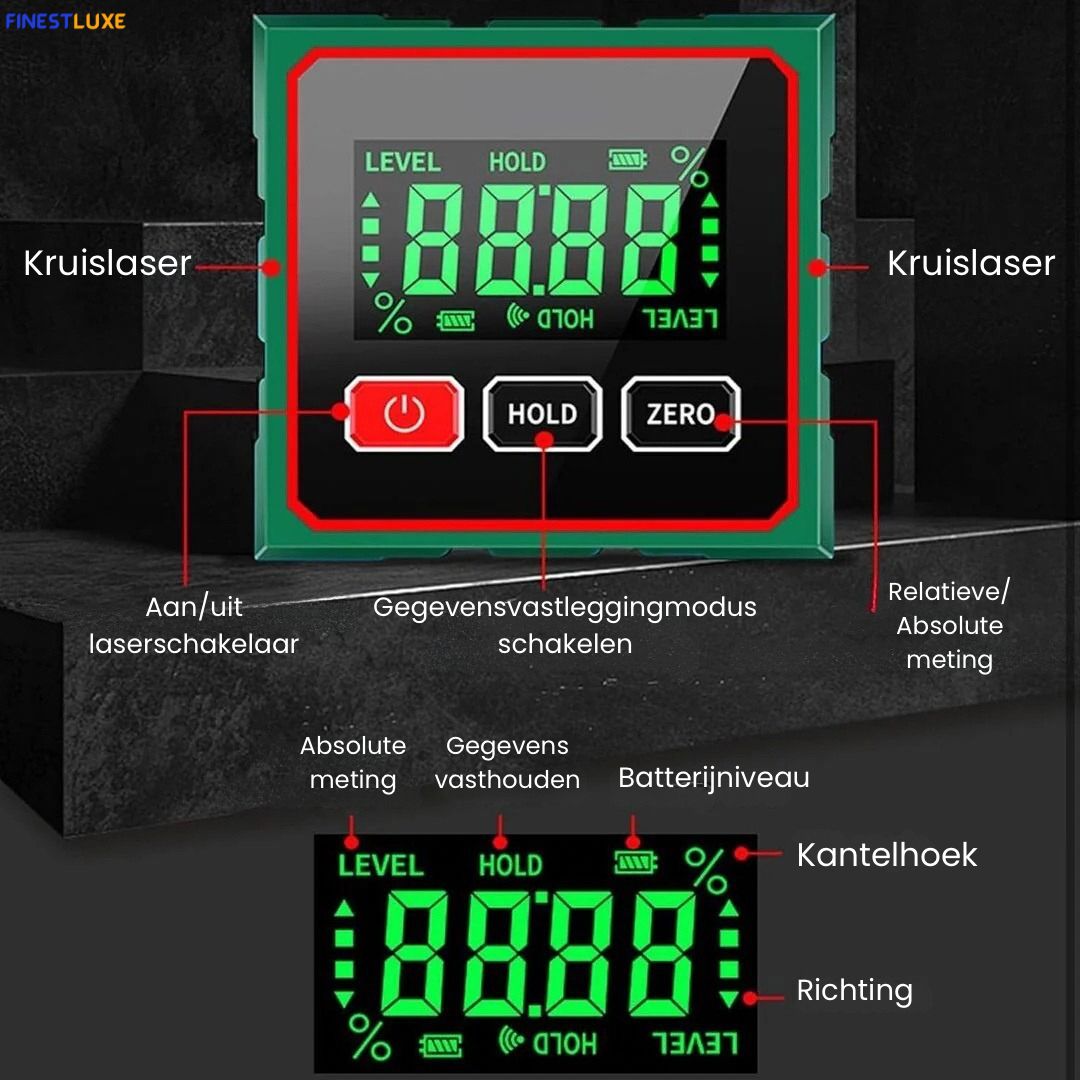 AngelPro Finder | Digitale Hoek- & Niveaumeter met Magnetische Laser