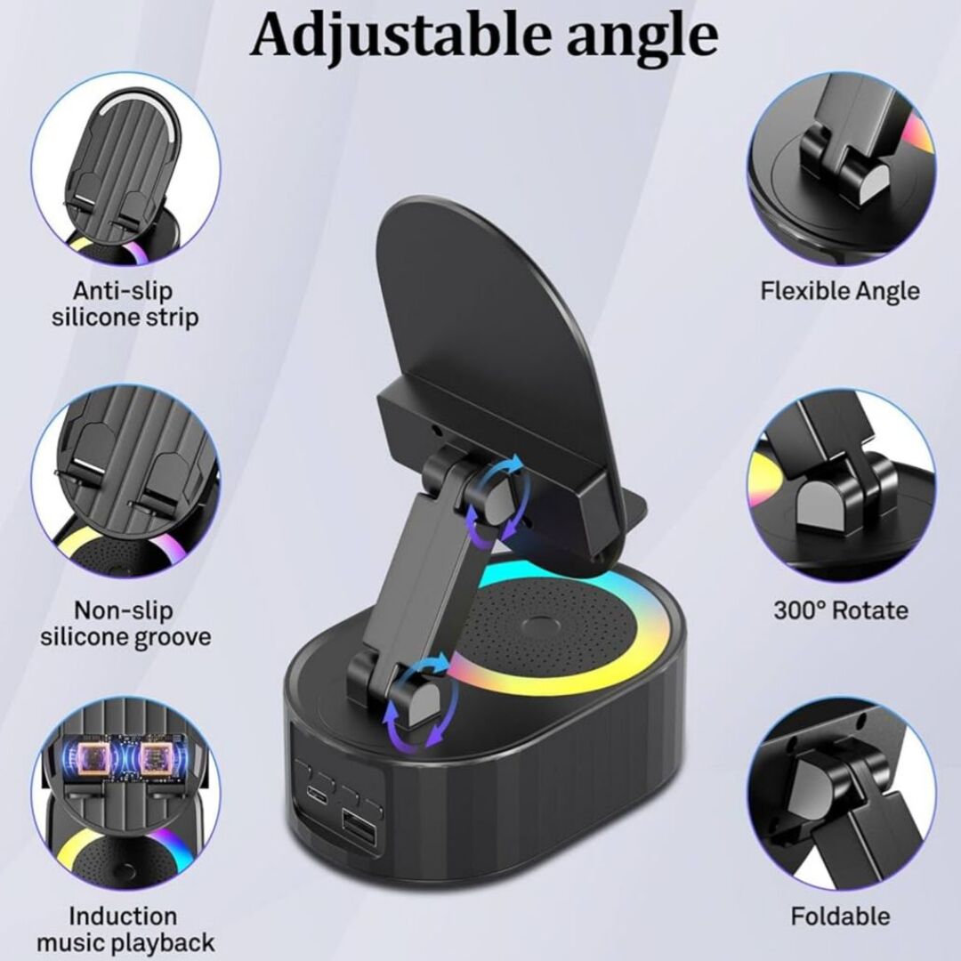 GlowStand | 5-in-1 Draadloze Inductie Speaker met Verlichting & Telefoonhouder