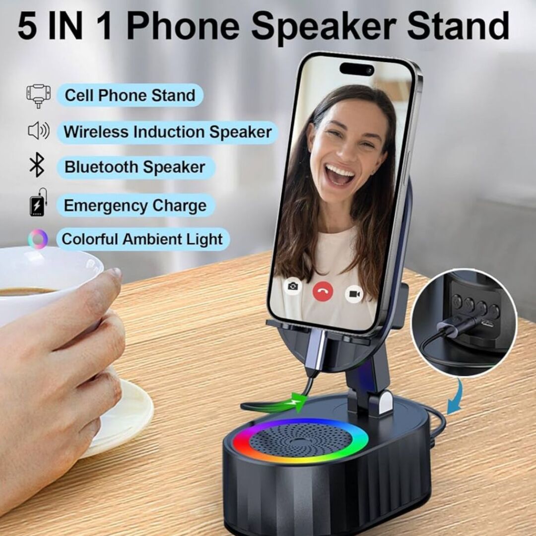 GlowStand | 5-in-1 Draadloze Inductie Speaker met Verlichting & Telefoonhouder