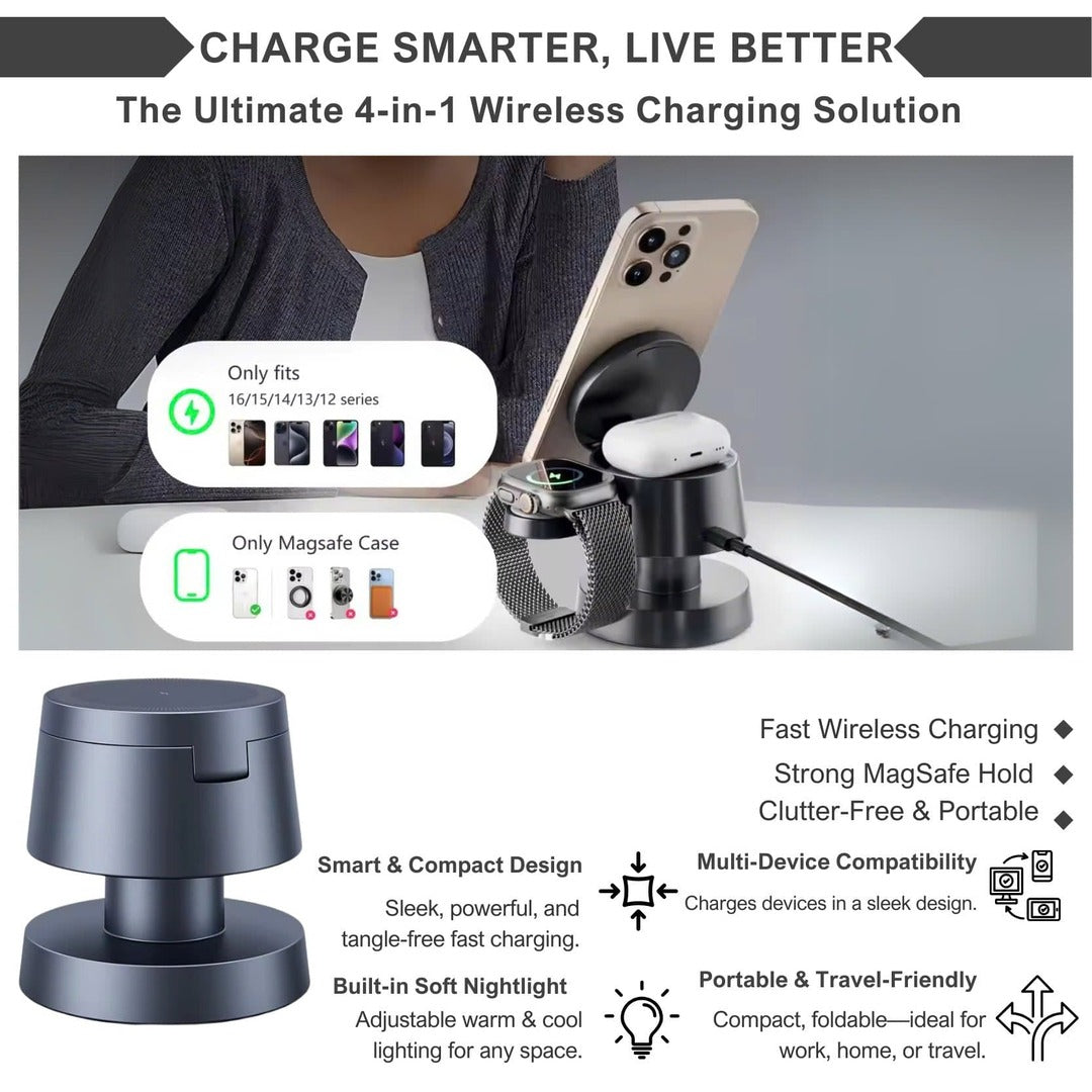 PowerDock | Opvouwbare Magnetische Draadloze Oplader met Nachtlamp