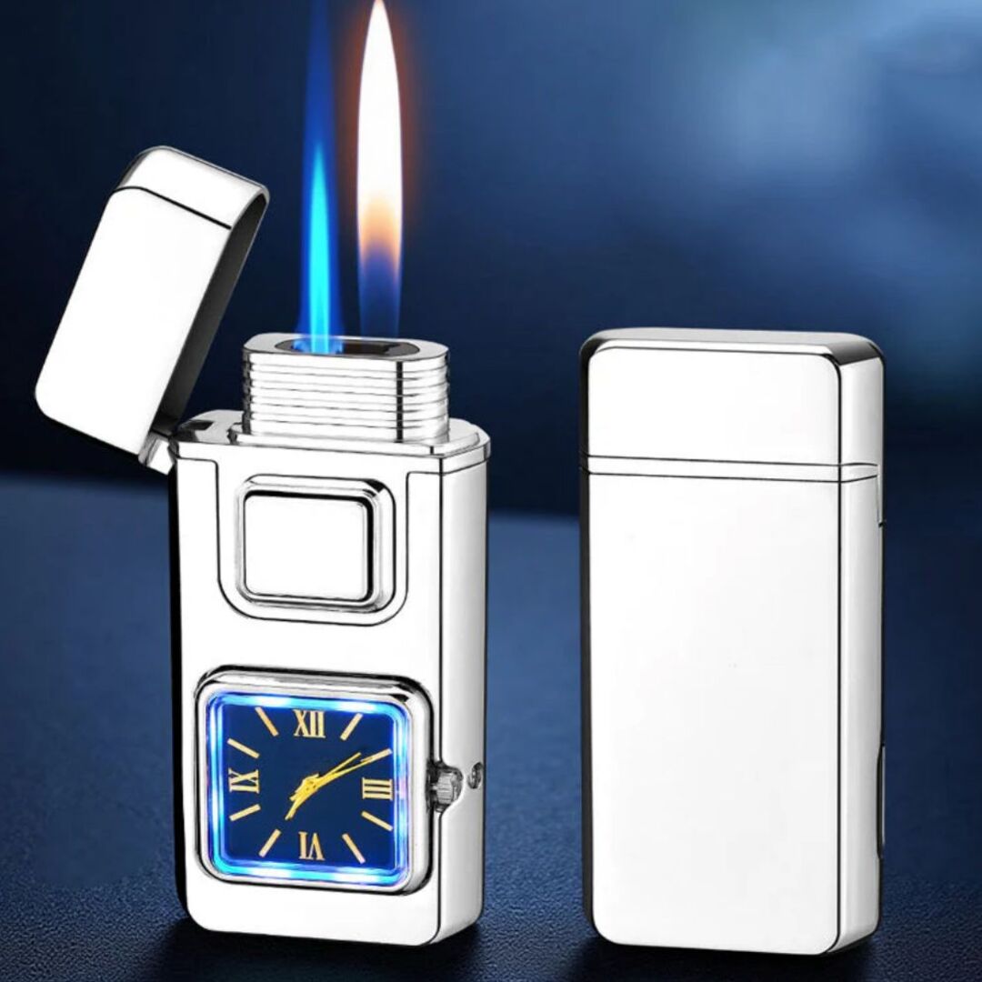 FlareTime | Multifunctionele Aansteker met Dynamisch Horloge en Verschillende Ontstekingsopties